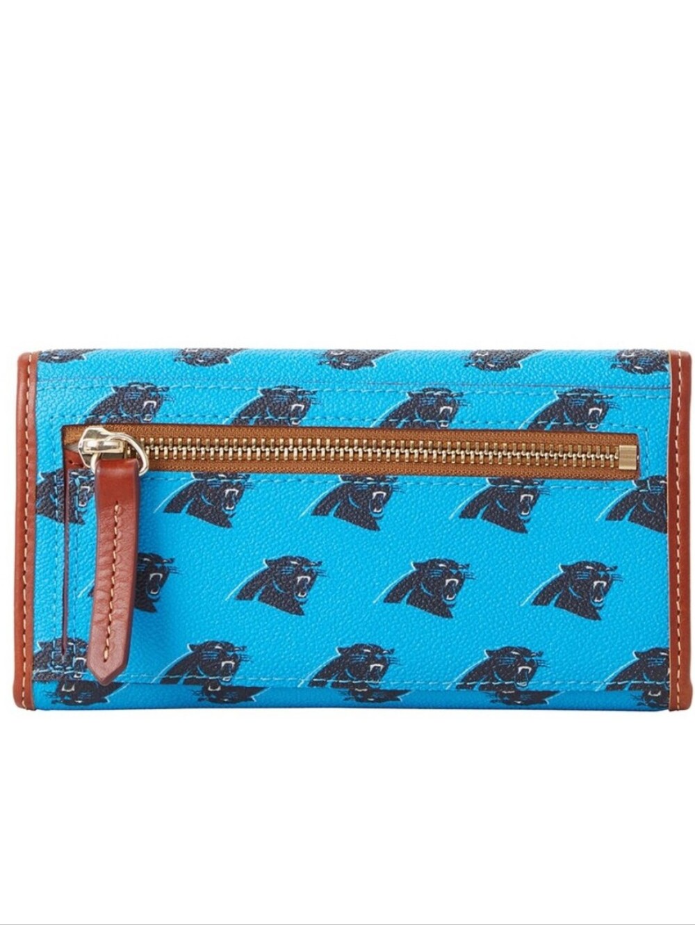 Dooney & Bourke NWT Teal Blue Panthers Print Continental Wallet with Brown Trim - Picture 5 of 6